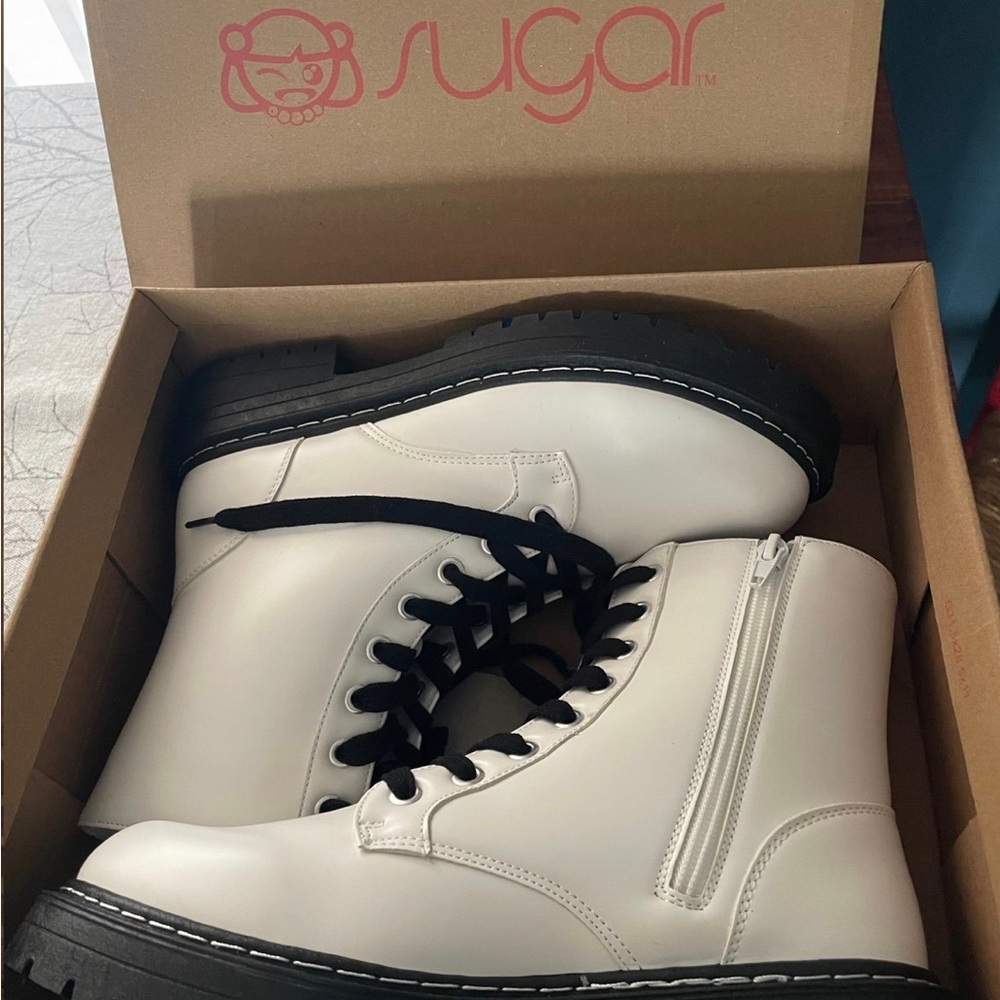 Sugar White and Black Lace-Up Boots